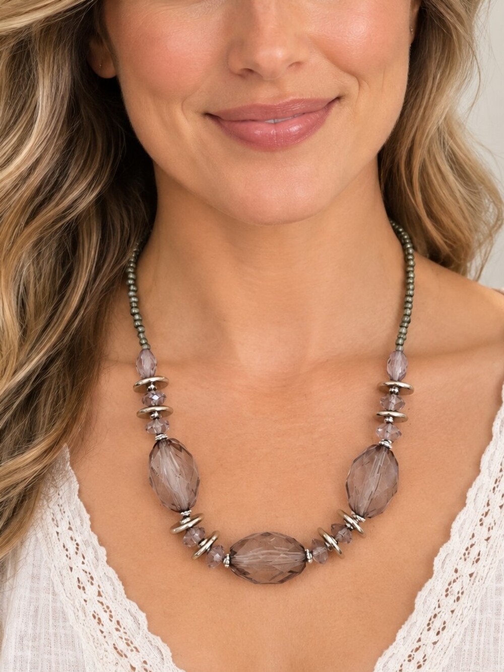 5/$25 MY STYLE Gray Acrylic Beaded Necklace Earrings Set